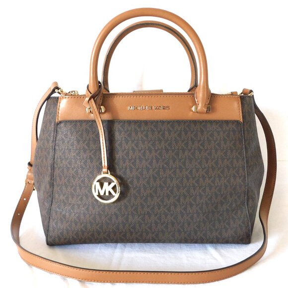 Medium Michael Kors Signature Brown & Camel Leather Tote Handbag Purse - Picture 2 of 15